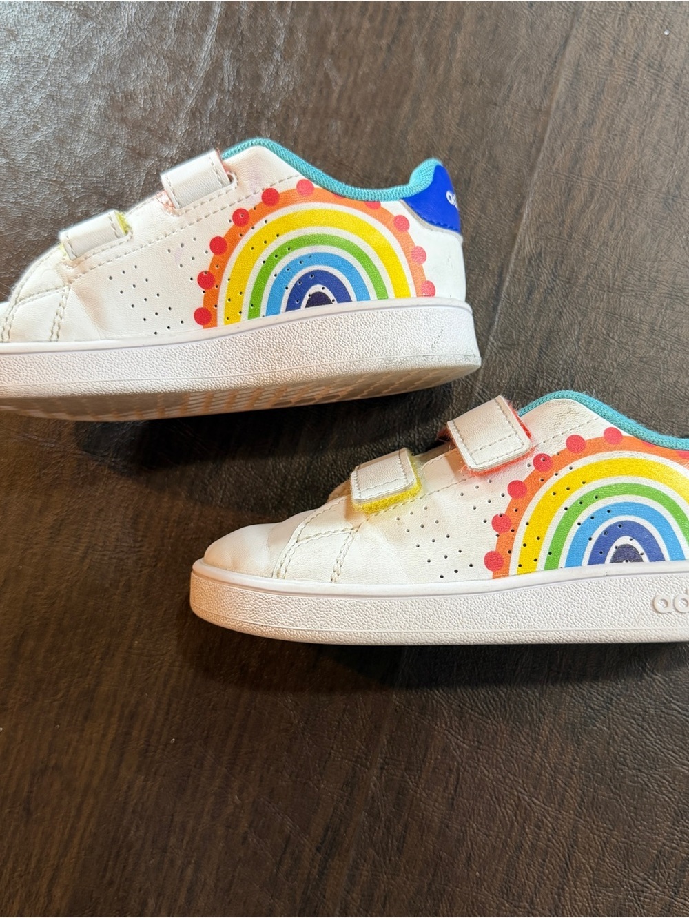 adidas Kids Rainbow White Sneakers with Teal Lining and Velcro Straps Sz 8